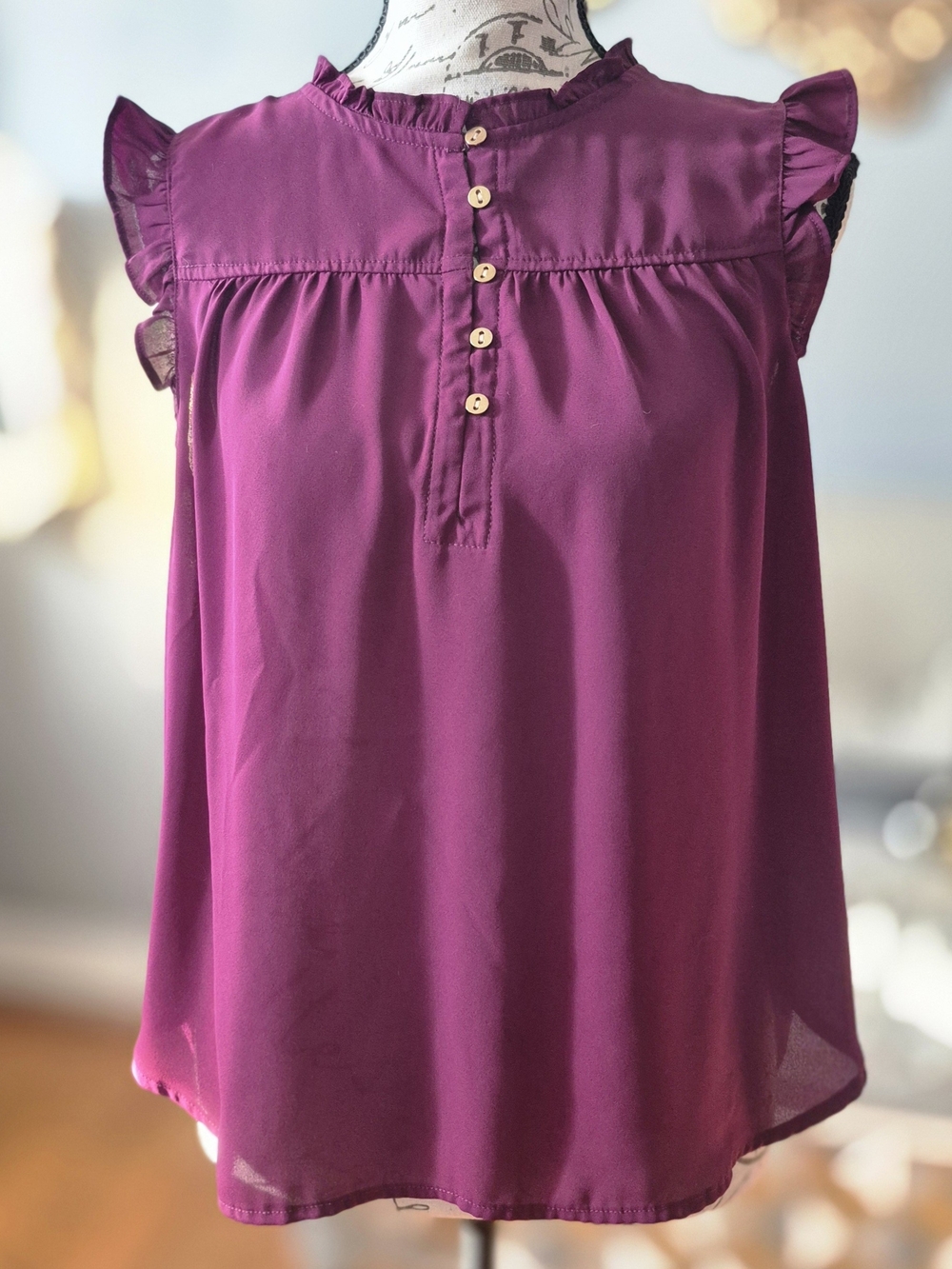LOFT Magenta Ruffled Henley Blouse Small Petite